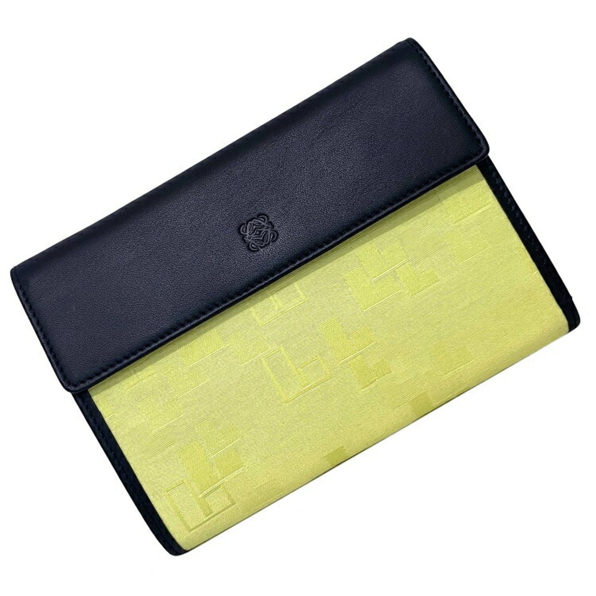 Loewe Tri-Fold Wallet Black Yellow Canvas Leather Fold Anagram Ladies Bicolor